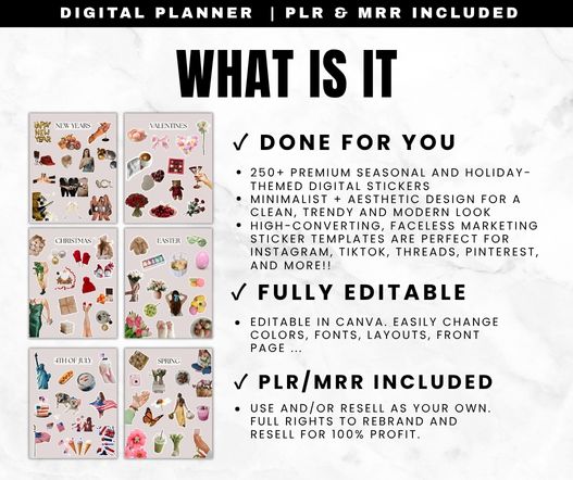 Aesthetic Seasonal Sticker Vault PLR Canva Templates Digital Stickers