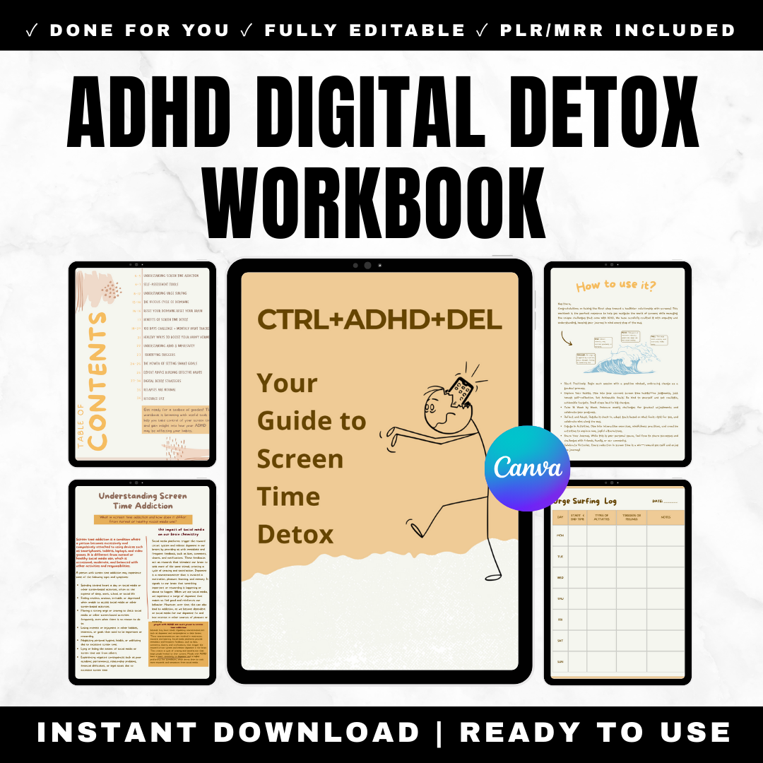 Screen Time Detox Workbook 44 Pages - ADHD Digital Detox Dopamine Reset Phone Addiction Social Media Urge Surfing 100 Day Challenge Printable PDF Editable Canva PLR MRR