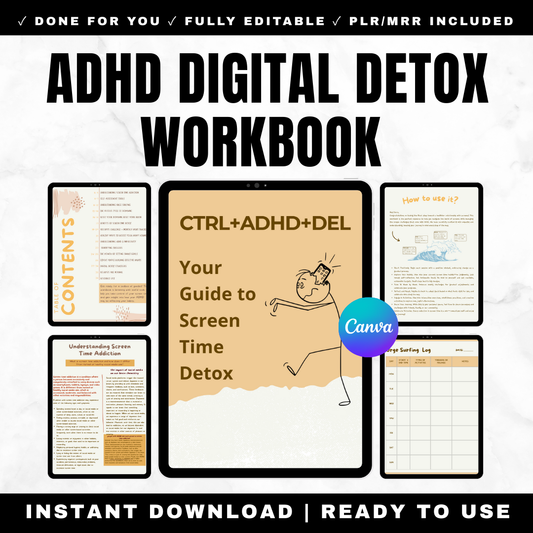 Screen Time Detox Workbook 44 Pages - ADHD Digital Detox Dopamine Reset Phone Addiction Social Media Urge Surfing 100 Day Challenge Printable PDF Editable Canva PLR MRR