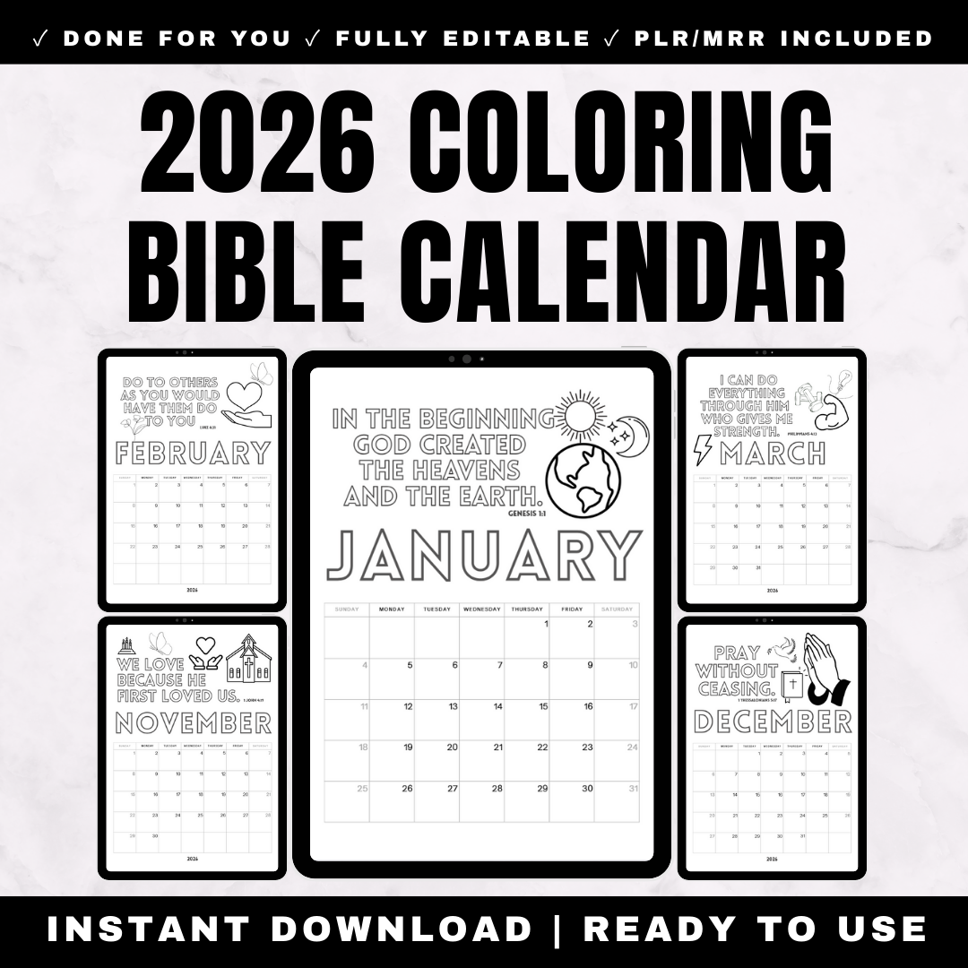 2026 Coloring Bible Calendar - 12 Month Christian Wall Calendar with Scripture Verses to Color - January Genesis Creation February Luke Love March Philippians Strength April Psalm Guidance May Proverbs Trust - Faith Based Adult Coloring Devotional Planning - Printable Canva Editable PLR MRR Rights


