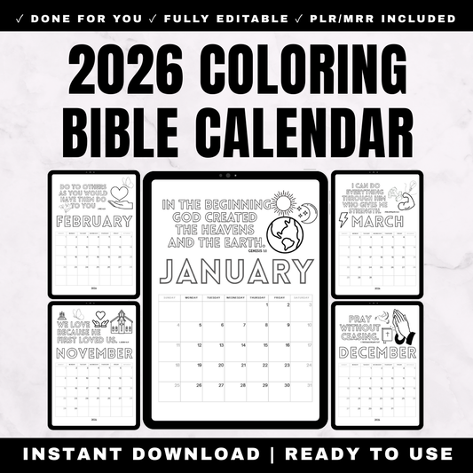 2026 Coloring Bible Calendar - 12 Month Christian Wall Calendar with Scripture Verses to Color - January Genesis Creation February Luke Love March Philippians Strength April Psalm Guidance May Proverbs Trust - Faith Based Adult Coloring Devotional Planning - Printable Canva Editable PLR MRR Rights

