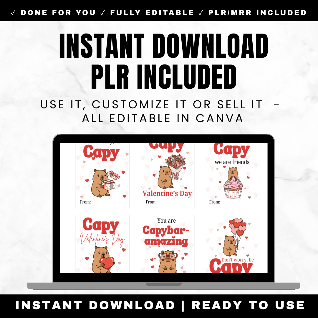 Three ways to use capybara valentines: print for classroom, customize in Canva, or resell for profit