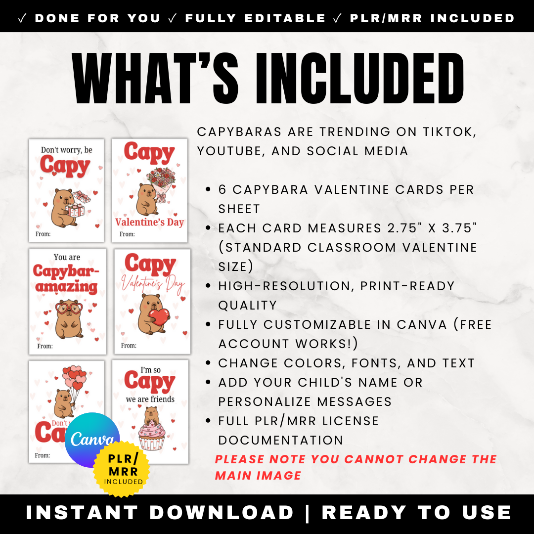 Capybara valentine cards package includes printable PDF, editable Canva template, and full PLR resell rights