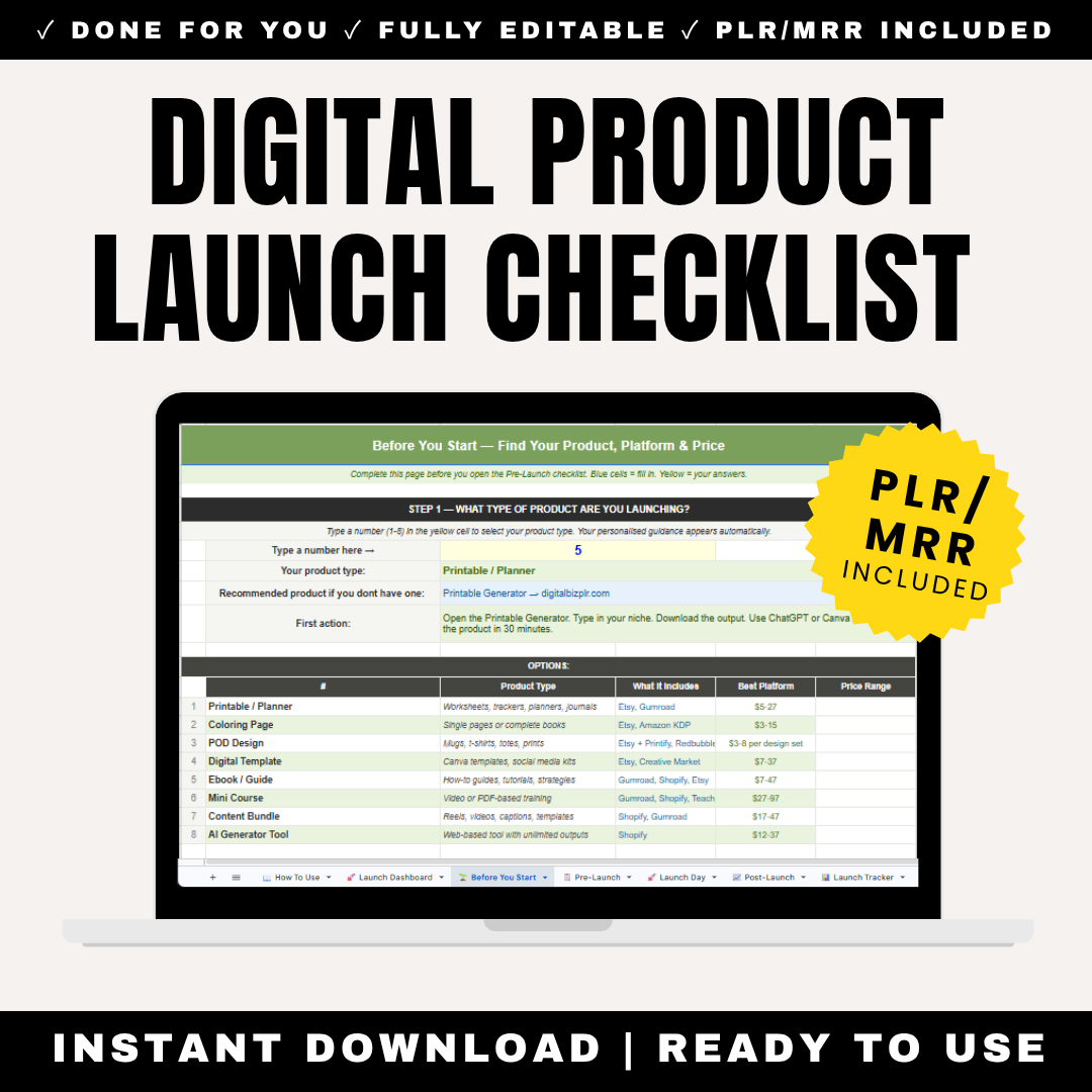 Digital Product Launch Checklist Template PLR MRR