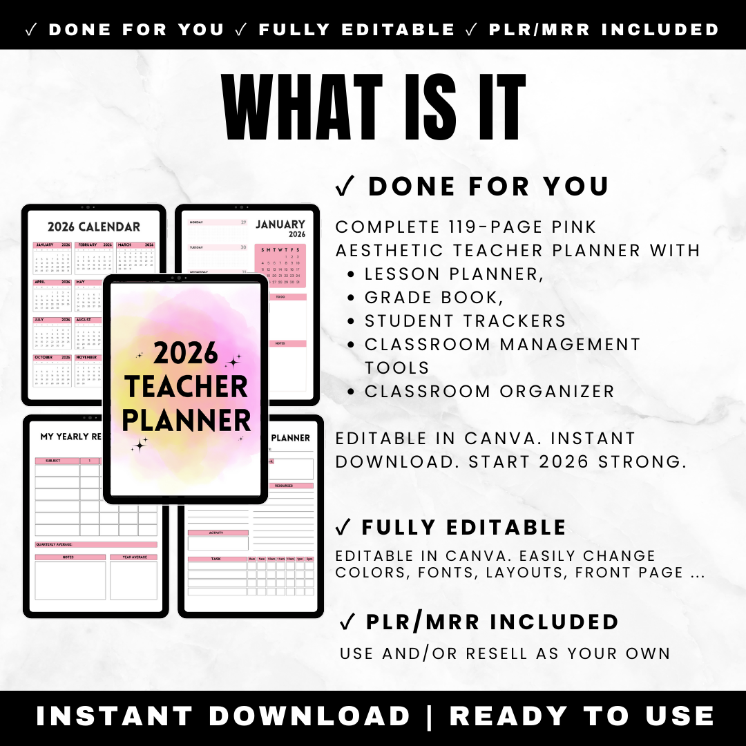 2026 pink teacher planner with 119 pages including lesson plans, grade book, student tracking and classroom management tools with PLR rights