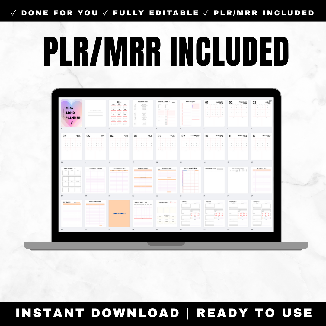 Digital planner displayed on a laptop screen with 'PLR/MRR Included' text above.