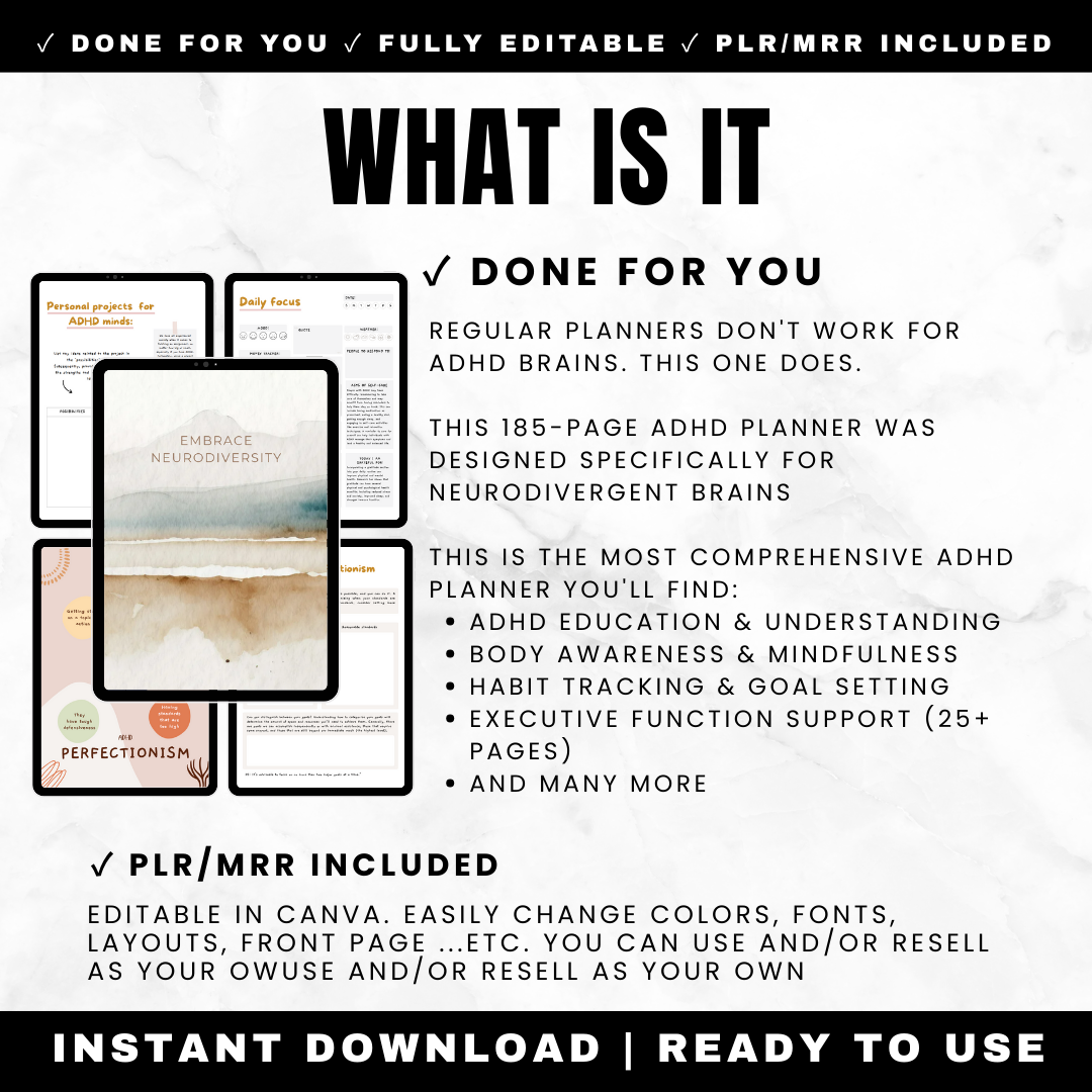 ADHD Planner 185 Pages Printable PDF Editable Canva - Executive Function Habit Tracker Goal Setting Daily Weekly Monthly Neurodivergent Life Planner PLR MRR
