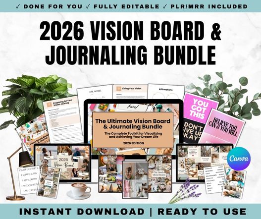 Promotional image of a '2026 Vision Board & Journaling Bundle' with digital tools and materials. with PLR and commercial rights