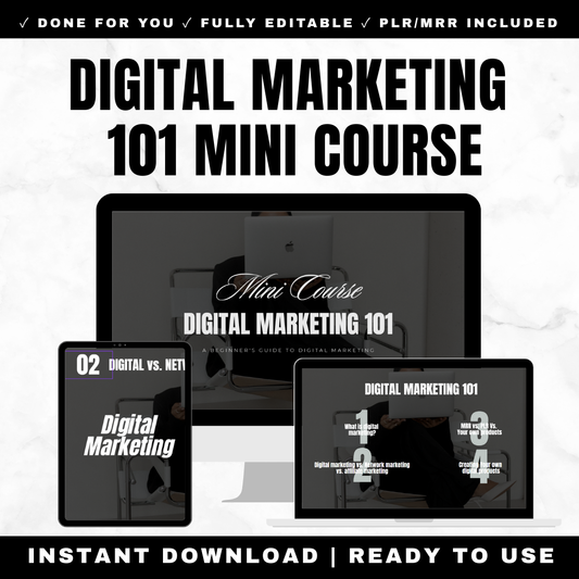 Digital Marketing 101 mini course cover teaching Instagram marketing, affiliate marketing, MRR PLR explained and creating digital products
