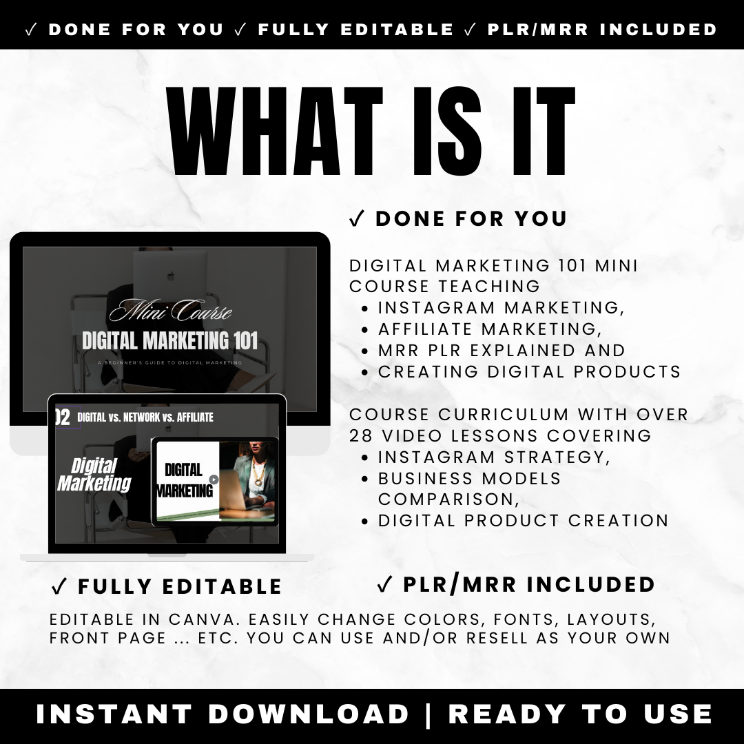 Digital marketing course curriculum showing 28 video lessons covering Instagram strategy, business models comparison, and digital product creation
