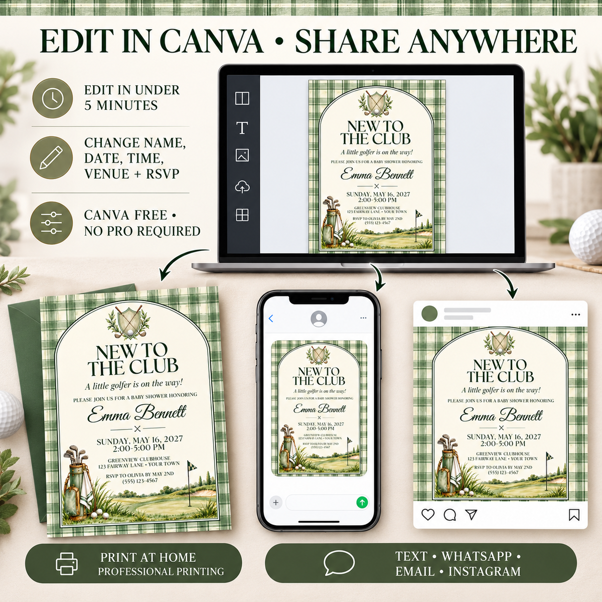 Golf Baby Shower Invitation Template by Digital Biz PLR - Editable Canva Template 5x7 Inch Printable New to the Club Design - Sage Green Plaid Border Background Elegant Arched Layout Classic Golf Club Crest with Crossed Clubs Laurel Wreath Golf Ball Center Vintage Watercolour Golf Bag with Clubs Rolling Green Fairway Golf Flag Cream Ivory Inner Background Dark Forest Green Serif Typography Elegant Italic Script Baby Name - Pre-Written NEW TO THE CLUB Headline and A Little Golfer Is On the Way Subtitle - 3