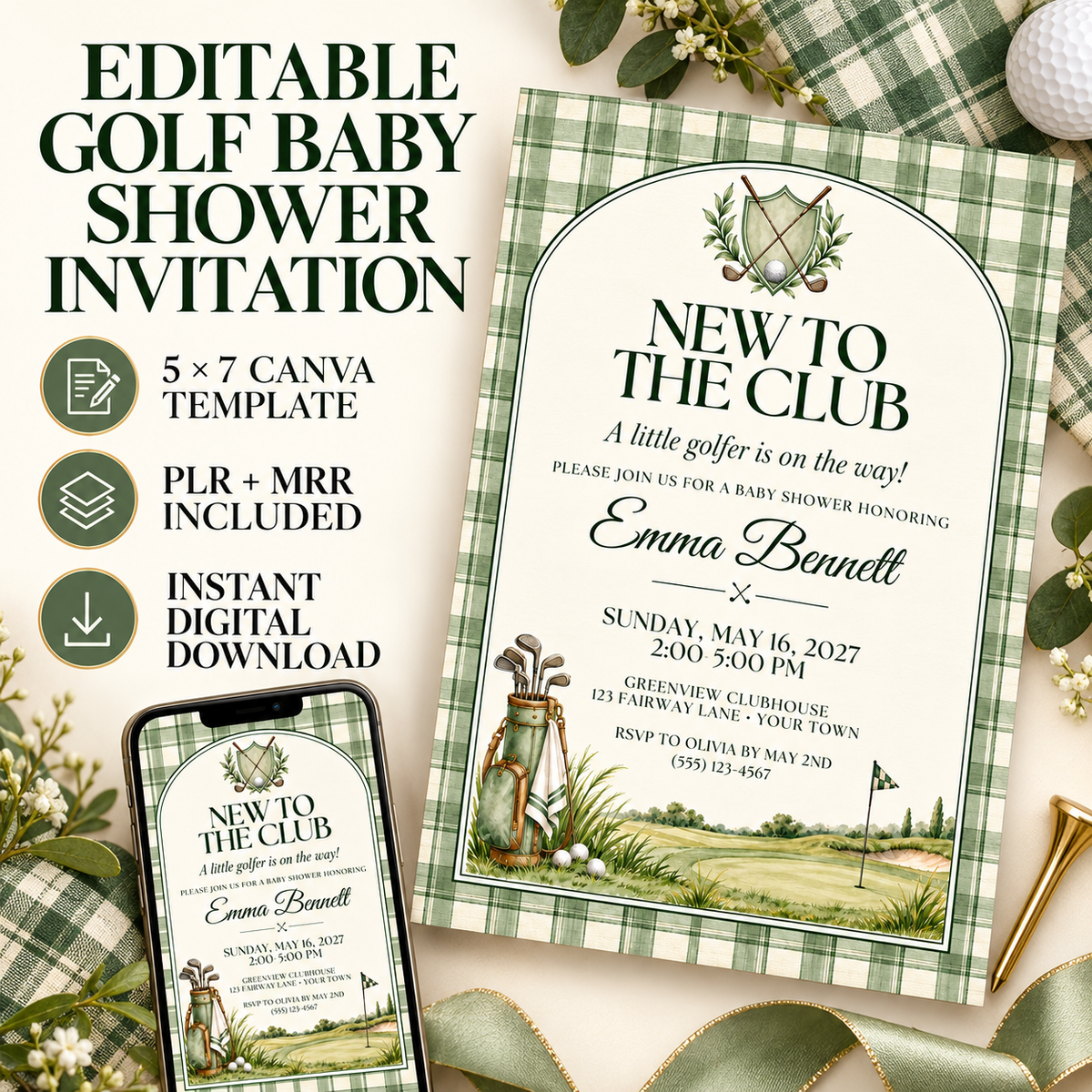 Golf Baby Shower Invitation Template by Digital Biz PLR - Editable Canva Template 5x7 Inch Printable New to the Club Design - Sage Green Plaid Border Background Elegant Arched Layout Classic Golf Club Crest with Crossed Clubs Laurel Wreath Golf Ball Center Vintage Watercolour Golf Bag with Clubs Rolling Green Fairway Golf Flag Cream Ivory Inner Background Dark Forest Green Serif Typography Elegant Italic Script Baby Name - Pre-Written NEW TO THE CLUB Headline and A Little Golfer Is On the Way Subtitle - 1