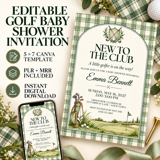 Golf Baby Shower Invitation Template by Digital Biz PLR - Editable Canva Template 5x7 Inch Printable New to the Club Design - Sage Green Plaid Border Background Elegant Arched Layout Classic Golf Club Crest with Crossed Clubs Laurel Wreath Golf Ball Center Vintage Watercolour Golf Bag with Clubs Rolling Green Fairway Golf Flag Cream Ivory Inner Background Dark Forest Green Serif Typography Elegant Italic Script Baby Name - Pre-Written NEW TO THE CLUB Headline and A Little Golfer Is On the Way Subtitle - 1