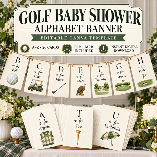 Golf Baby Shower Alphabet Banner Template by Digital Biz PLR - 26 Editable Canva Cards A to Z Golf Vocabulary - 3.6x5.4 Inch Standard Card Size 300 DPI Print-Ready - Multiple Uses Full A-Z Banner Dessert Table Baby Name Letter Banner Table Numbers Place Settings Photo Backdrop Mantel Decor Nursery Wall Art Keepsake First Birthday Party Decor - Full PLR MRR Resell Rights Rebrand Sell as Your Own on Etsy Shopify Gumroad Creative Market Stan Store - Create Colour Variants Navy Burgundy Pink Cream - 1
