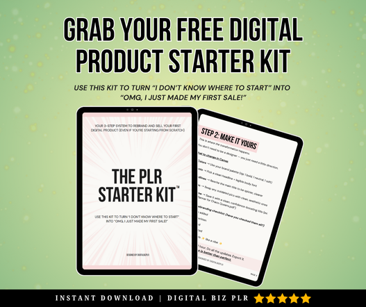 FREE printable PLR starter kit guide - learn how to rebrand and sell digital products step-by-step. Includes 20 product ideas. Download instantly!
