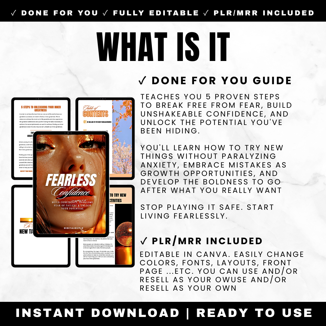 Fearless Confidence showing 5 steps to overcome fear embrace mistakes learn from failure with PLR rights
