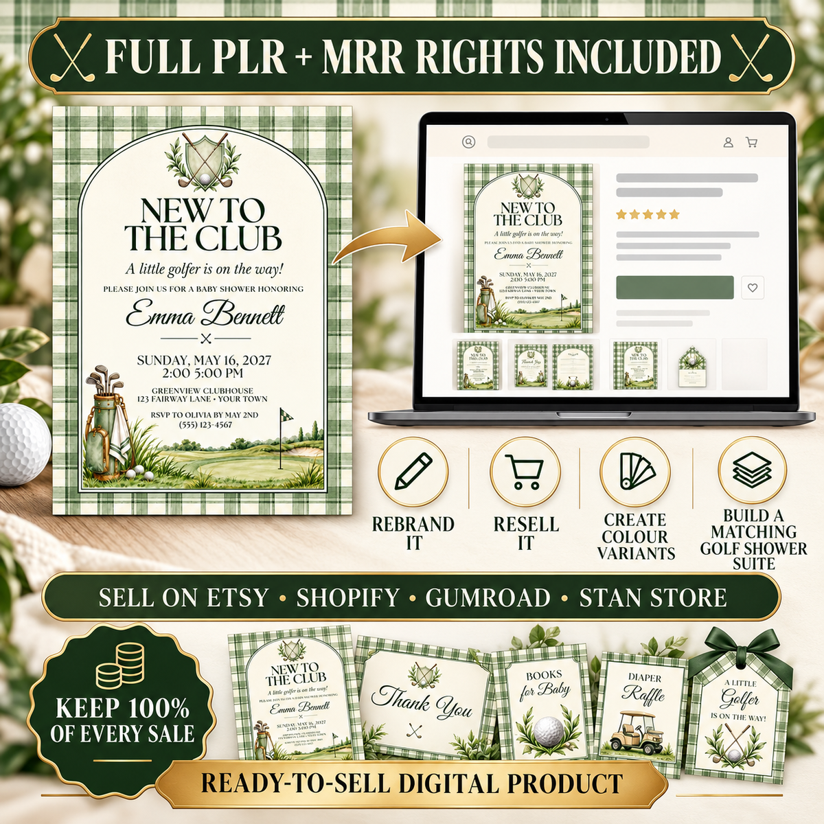 Golf Baby Shower Invitation Template by Digital Biz PLR - Editable Canva Template 5x7 Inch Printable New to the Club Design - Sage Green Plaid Border Background Elegant Arched Layout Classic Golf Club Crest with Crossed Clubs Laurel Wreath Golf Ball Center Vintage Watercolour Golf Bag with Clubs Rolling Green Fairway Golf Flag Cream Ivory Inner Background Dark Forest Green Serif Typography Elegant Italic Script Baby Name - Pre-Written NEW TO THE CLUB Headline and A Little Golfer Is On the Way Subtitle - 5