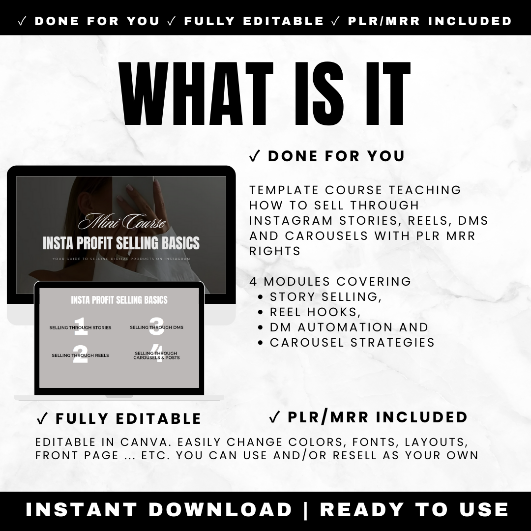 Instagram sales course Canva template showing 4 modules covering story selling, reel hooks, DM automation and carousel strategies