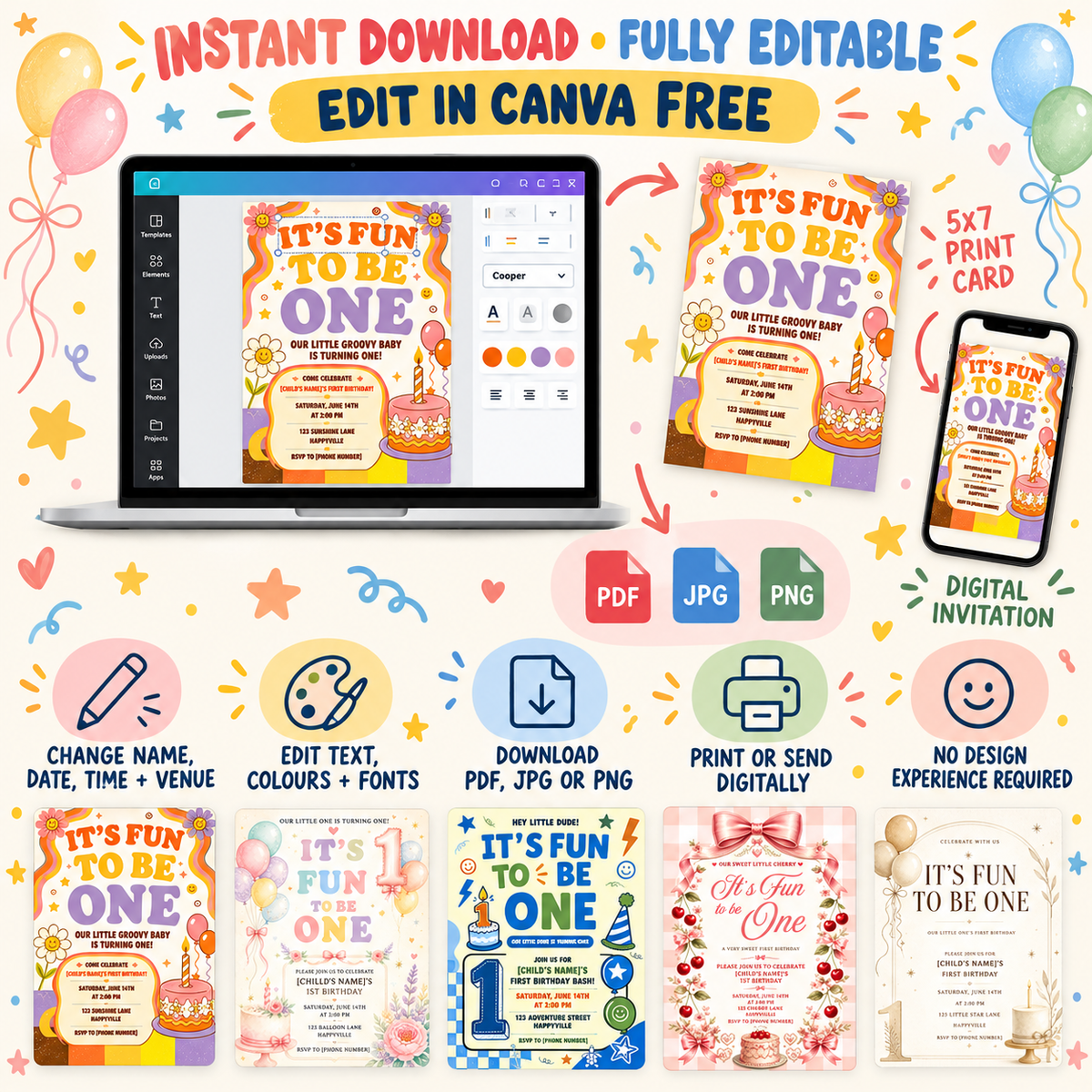 It's Fun to Be One" First Birthday Invitation Template Bundle PLR