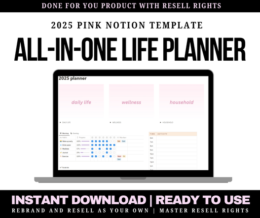 All-in-one Life Planner Pink Notion Template PLR