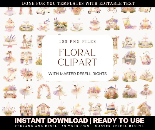 105 floral PNG clipart bundle with transparent backgrounds and MRR resell rights
