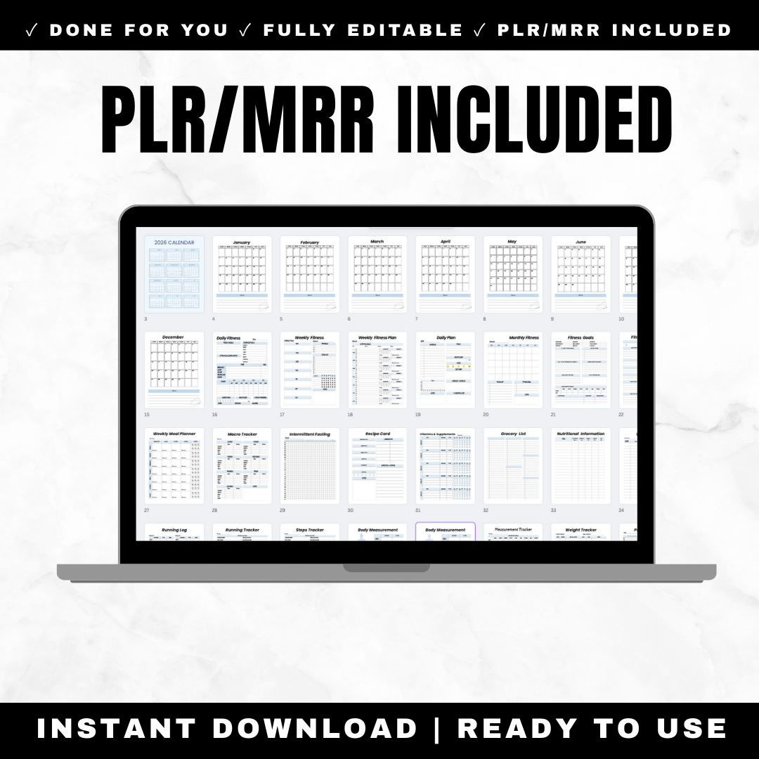 Editable 2026 fitness planner in Canva with full PLR and Master Resell Rights for personal trainers, fitness coaches and gym owners