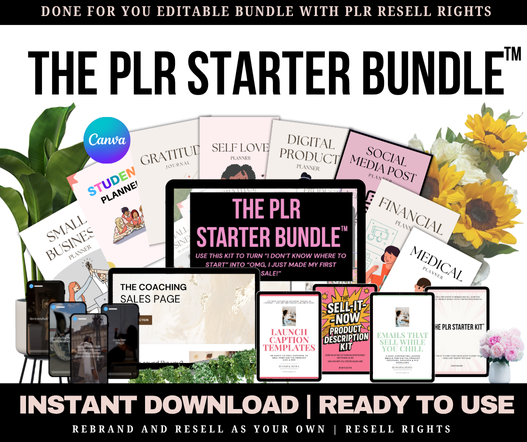 Editable PLR Starter Bundle with planners, captions, mockups and commercial use license