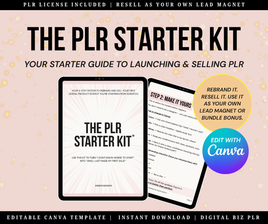 Editable PLR Starter Kit in Canva with full resell rights. Rebrand as YOUR lead magnet, sell as digital product. £7.99 limited-time offer. Instant download!