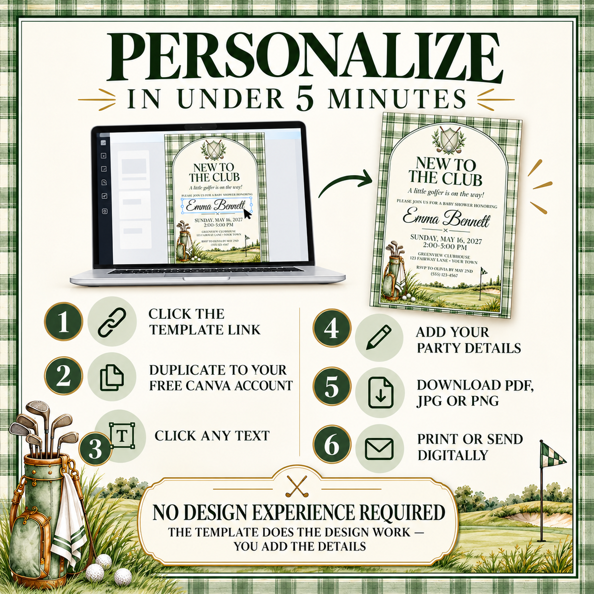 Golf Baby Shower Invitation Template by Digital Biz PLR - Editable Canva Template 5x7 Inch Printable New to the Club Design - Sage Green Plaid Border Background Elegant Arched Layout Classic Golf Club Crest with Crossed Clubs Laurel Wreath Golf Ball Center Vintage Watercolour Golf Bag with Clubs Rolling Green Fairway Golf Flag Cream Ivory Inner Background Dark Forest Green Serif Typography Elegant Italic Script Baby Name - Pre-Written NEW TO THE CLUB Headline and A Little Golfer Is On the Way Subtitle - 4