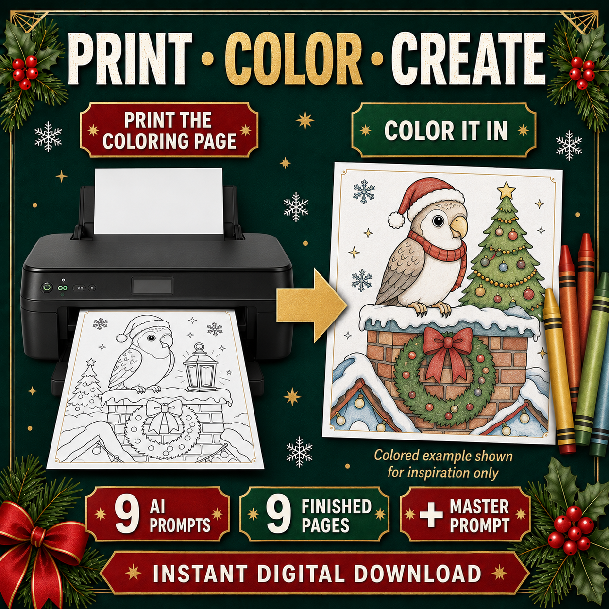 Christmas Bird Coloring Page AI Prompt Pack