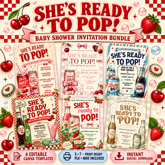 "She's Ready to Pop" Baby Shower Invitation Template Bundle PLR