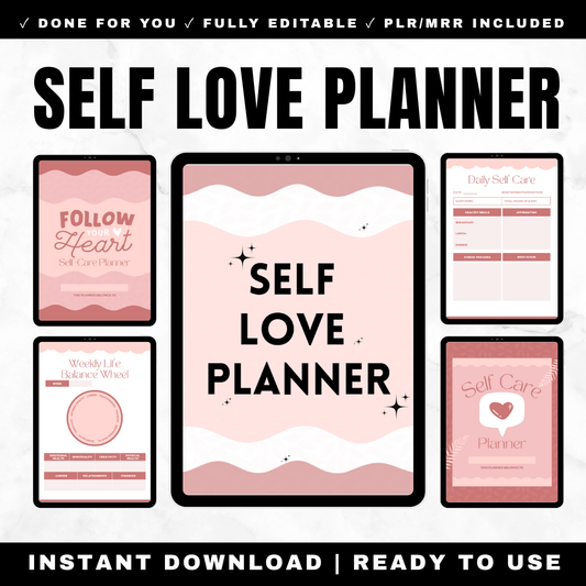 Self-love planner and journal with affirmations, self-care trackers, confidence building exercises and boundary worksheets with PLR resell rights
