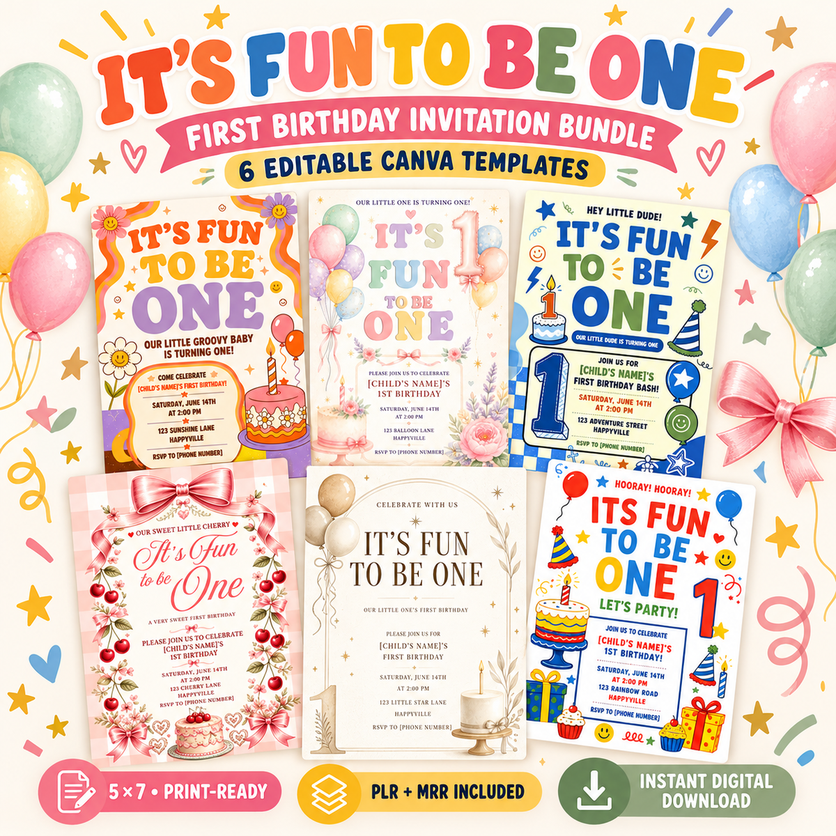 It's Fun to Be One" First Birthday Invitation Template Bundle PLR
