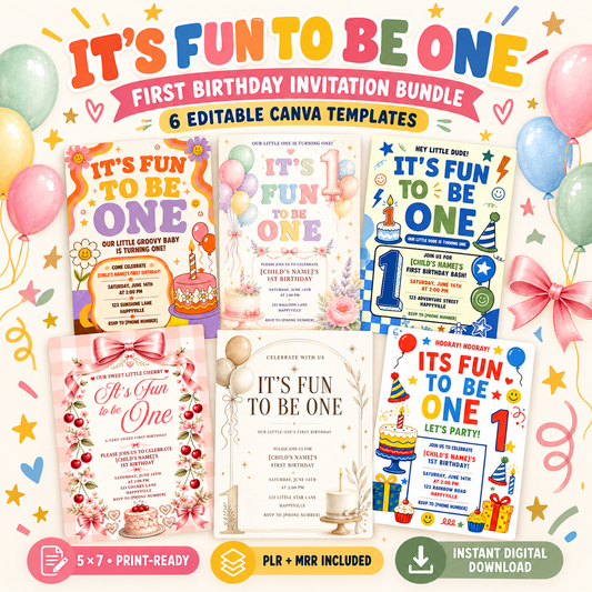 It's Fun to Be One" First Birthday Invitation Template Bundle PLR
