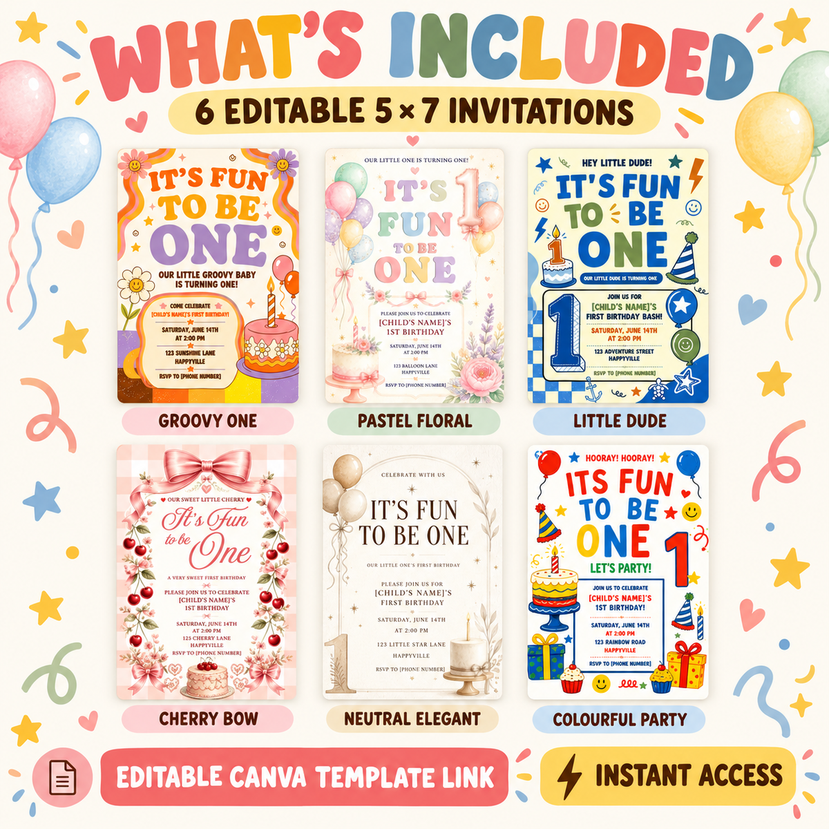 It's Fun to Be One" First Birthday Invitation Template Bundle PLR