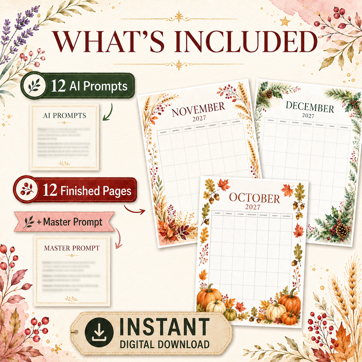 Cozy 2027 Watercolor Calendar Pages AI Prompt Pack