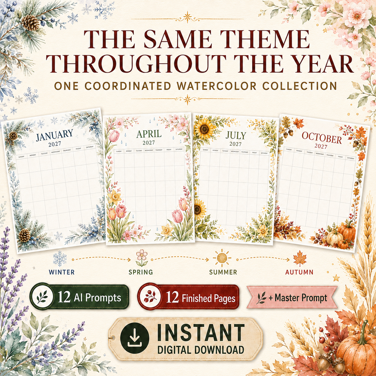 Cozy 2027 Watercolor Calendar Pages AI Prompt Pack