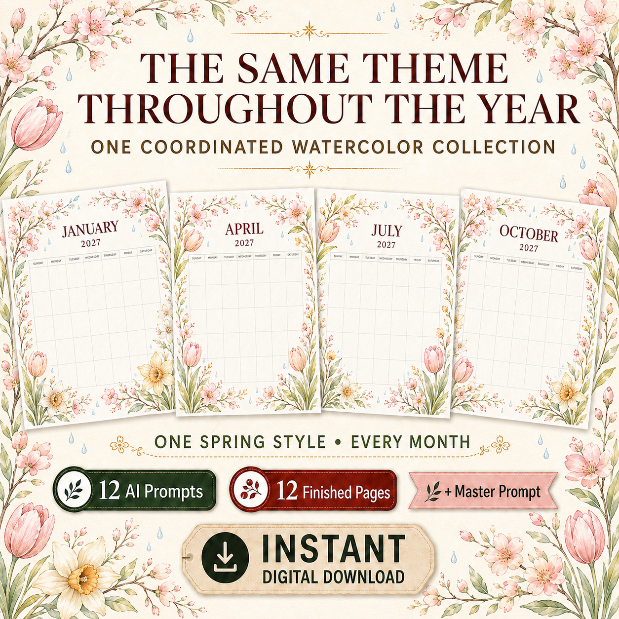 Cozy 2027 Watercolor Calendar Pages AI Prompt Pack