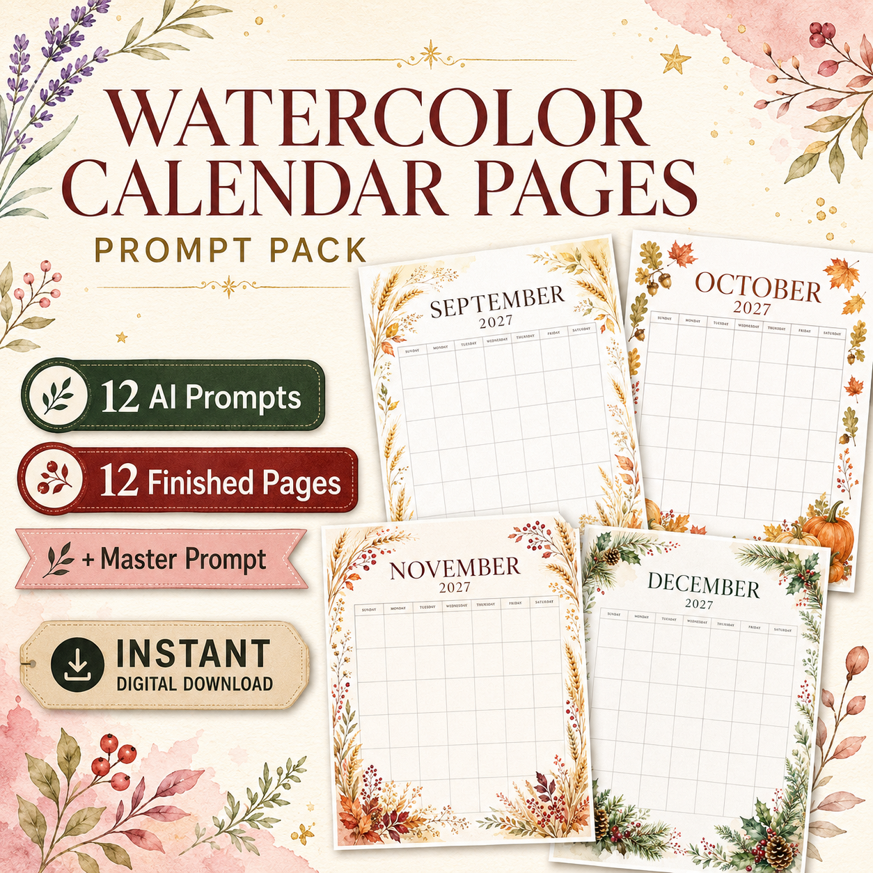 Cozy 2027 Watercolor Calendar Pages AI Prompt Pack