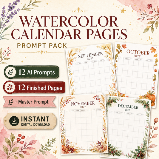 Cozy 2027 Watercolor Calendar Pages AI Prompt Pack
