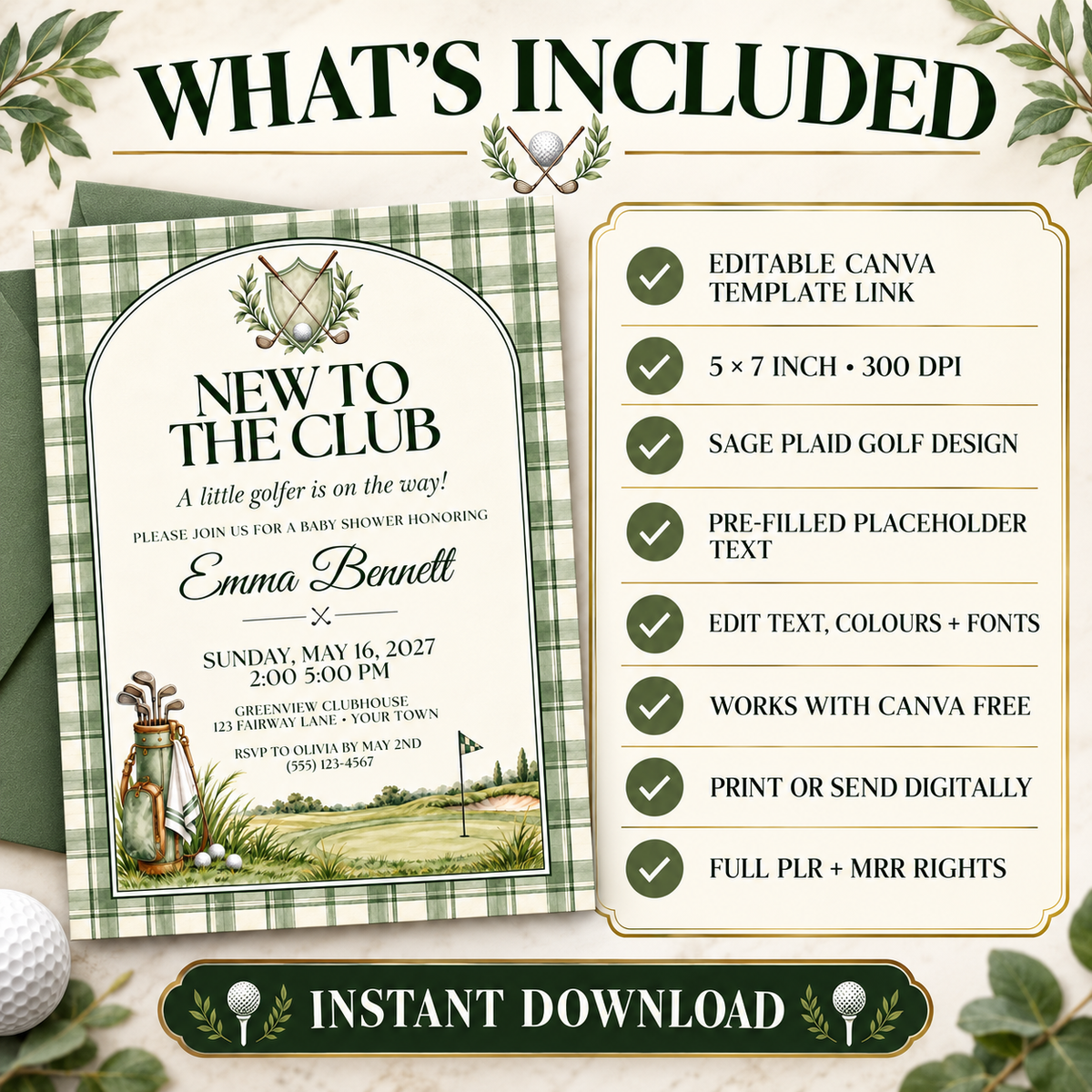 Golf Baby Shower Invitation Template by Digital Biz PLR - Editable Canva Template 5x7 Inch Printable New to the Club Design - Sage Green Plaid Border Background Elegant Arched Layout Classic Golf Club Crest with Crossed Clubs Laurel Wreath Golf Ball Center Vintage Watercolour Golf Bag with Clubs Rolling Green Fairway Golf Flag Cream Ivory Inner Background Dark Forest Green Serif Typography Elegant Italic Script Baby Name - Pre-Written NEW TO THE CLUB Headline and A Little Golfer Is On the Way Subtitle - 2
