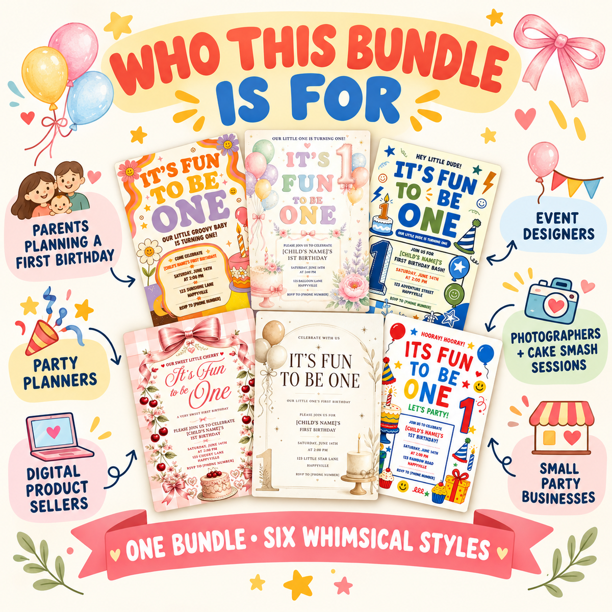 It's Fun to Be One" First Birthday Invitation Template Bundle PLR