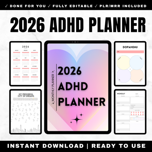 2026 ADHD planner printable with PLR and MRR rights - 90 page neurodivergent planner with dopamine menu and executive function tools

