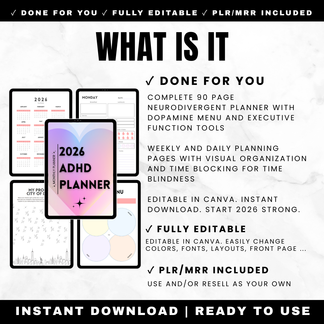 ADHD planner monthly, weekly and daily planning pages with visual organization and time blocking for time blindness