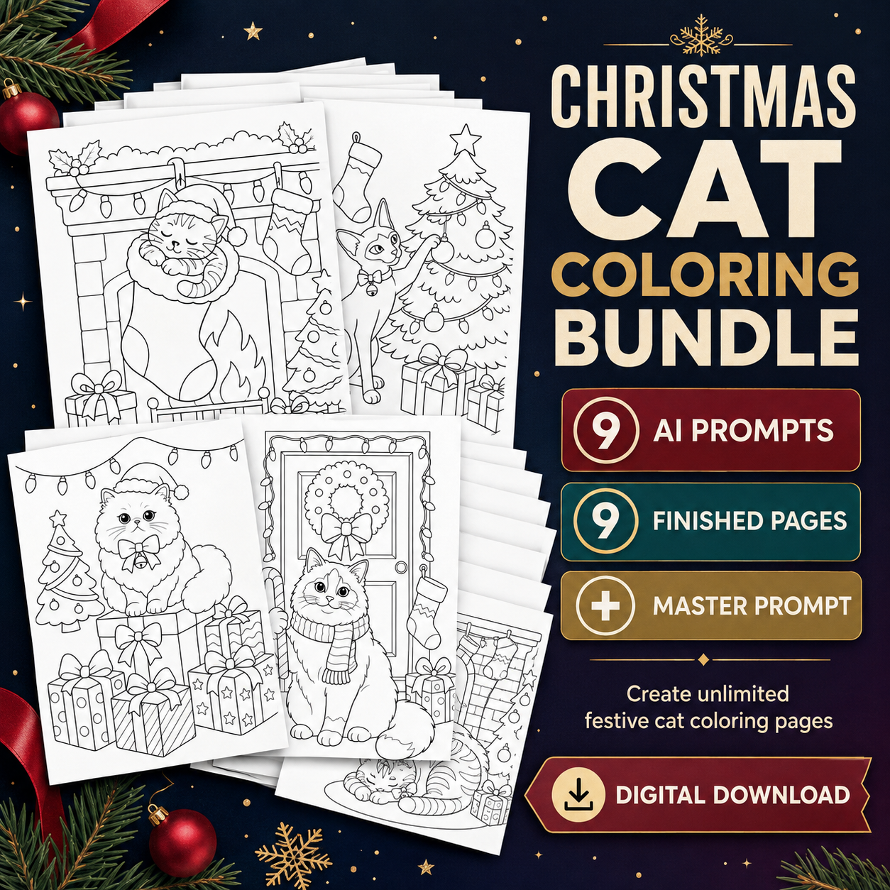 Cozy Christmas Cats Coloring Page Prompt Pack