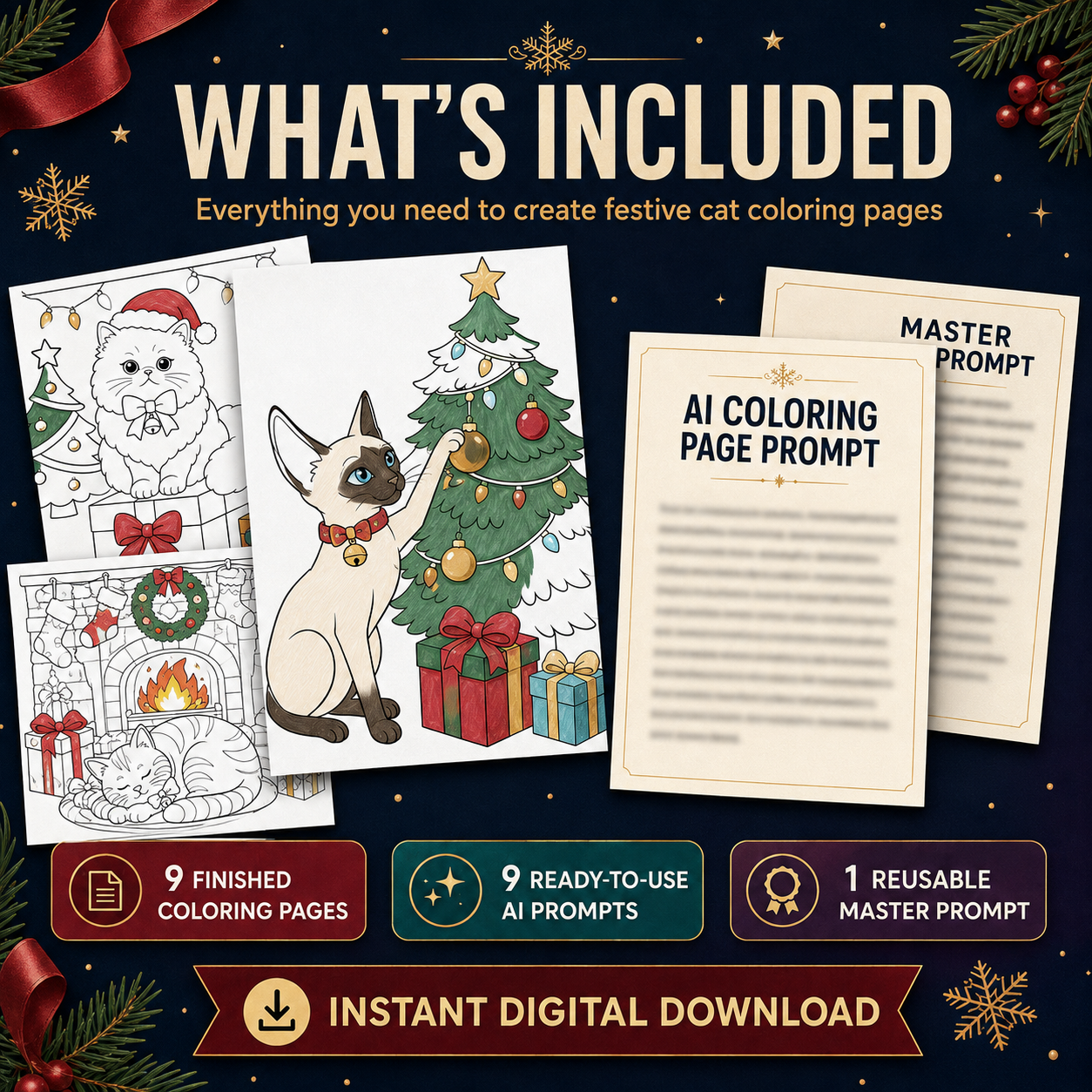 Cozy Christmas Cats Coloring Page Prompt Pack