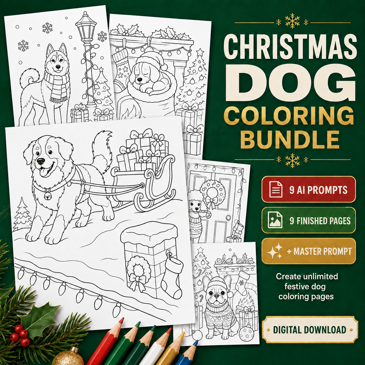 Cozy Christmas Dogs Coloring Page Prompt Pack