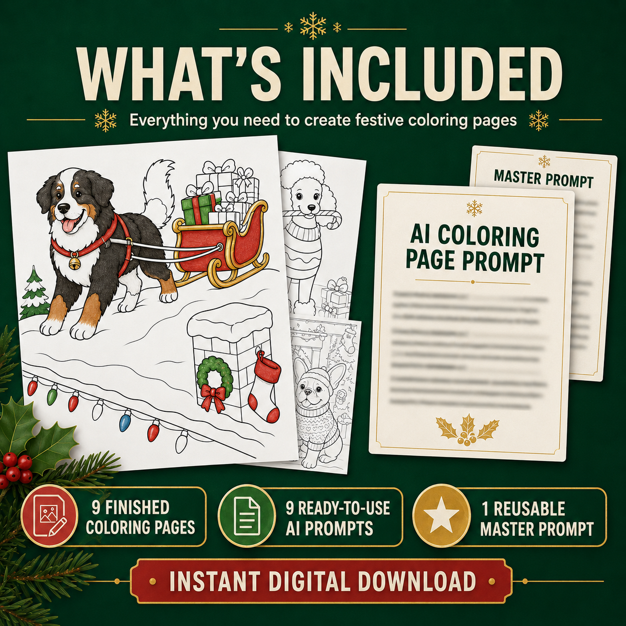 Cozy Christmas Dogs Coloring Page Prompt Pack