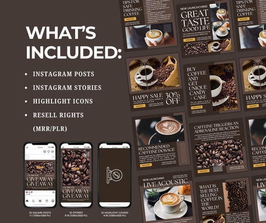Coffee shop Canva templates with MRR rights - 30 posts 30 Stories 30 highlights for cafes