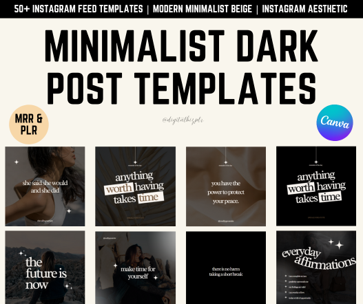 50+ dark minimalist Instagram post templates with PLR and MRR resell rights